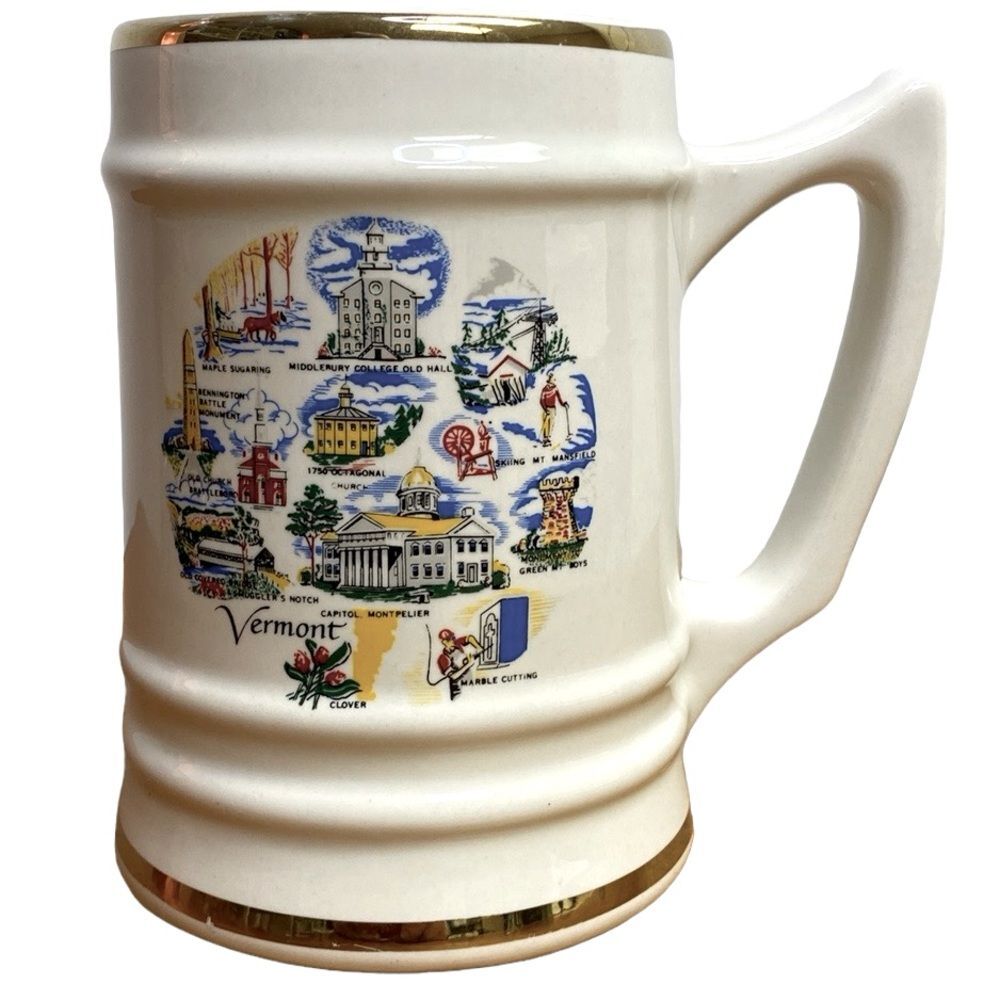 Vermont Beer Stein Mug Cup Collectible Gold Trim 6” Tall